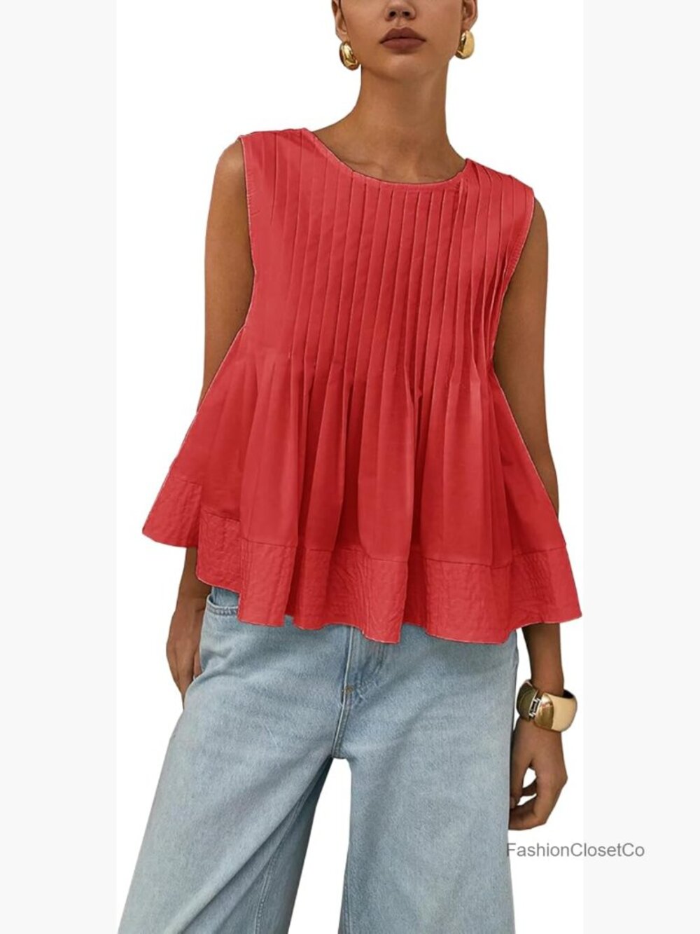 Sleeveless Crew Neck Pleated Babydoll Tank Top - Casual Blouse